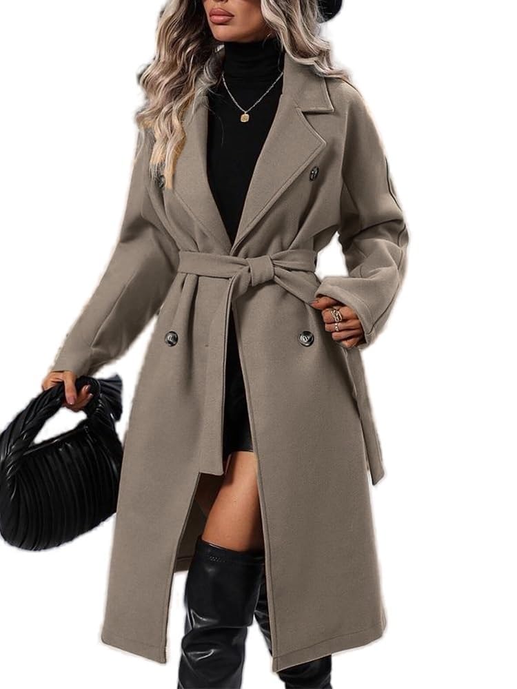 Gabardina larga de lana cálida para mujer, con cuello de solapa, para invierno, doble botonadura, color liso, con cinturón, ropa de abrigo, chaqueta de otoño/invierno, gabardina para mujer