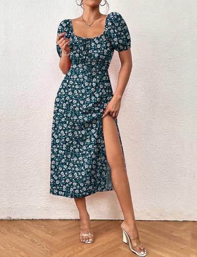 Image of SPRIME Women's Floral Summer Casual Dress Square Neck Puff Sleeve Boho Midi Dresses Ruched Bust High Waist Split Long Dress