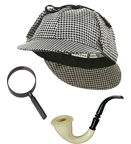 Funny Party Hats Sherlock Holmes Detective Kit - Detective Black and White Hat, Costume Pipe & Working Magnifying Glass - Perfect for Costume Parties