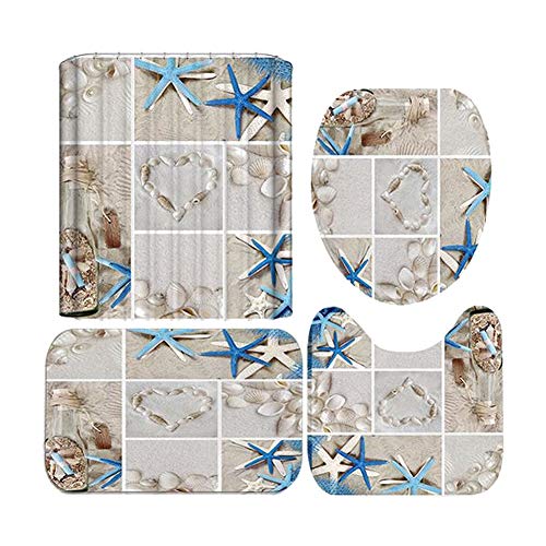 Bullpiano Seastar Duschvorhang Set Muscheln Seestern Strand Bad Duschvorhang mit rutschfesten Teppichen Toilettendeckel… – Bild 3