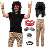 Rocker Outfit Herren 80er Jahre Kostüme für Männer Rock Kostüm Rocker Hose Perücke Handschuhe Set Herren Outfit im Stil der 80er Jahre für eine Halloween Karneval Party
