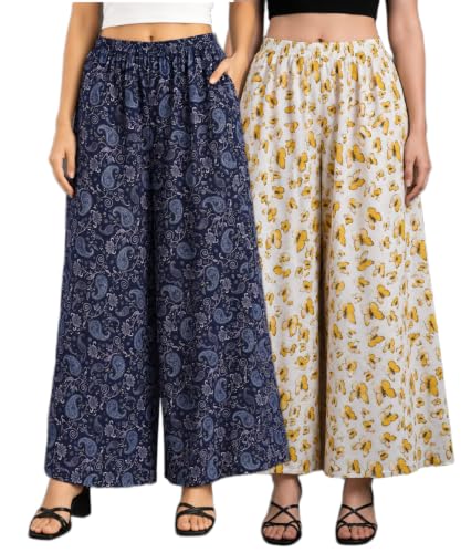 Image of Women Printed Palazzo Pants Combo Pack of 2, Comfortable Elastic Waist Lounge Pants for Women | Relaxed Fit, Loose Fitting Wide Leg Palazzo Pants, Casual Bottom (Available in S to 3XL Size)