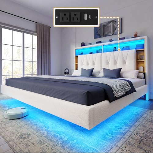 YITAHOME King Size Floating Bed Frame with Bookcase Storage Headboard, RGB LED Lights Beds with Charging Station, Upholstered Platform with Heavy Duty Wood Slat, No Box Spring Needed, Beige