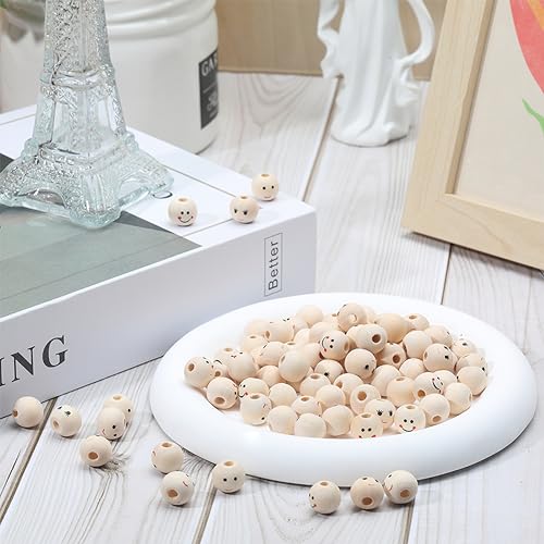 GORGECRAFT 150pcs 3 Styles Smile Wooden Beads 12mm Face Spacers with 2.9mm Hole for DIY Craft Bracelet Necklace Jewelry Making - Image 4