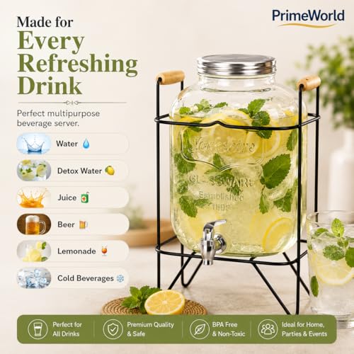 Image of PrimeWorld 1 Pc 5 LTR Glass Water Beverage Dispenser with Stand - Air Tight Lid Glass Pitcher for Detox Water - Mason Jar - Counter Table Top Juice Water Beer Dispenser for Home Restaurant Party