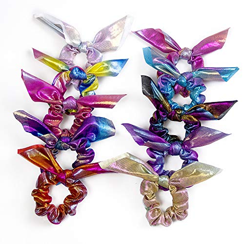 DKAF 10 Pieces Shiny Metallic Rabbit Hair Scrunchies, Dazzling Rainbow Mermaid Bunny Ear Bow Scrunchie Scrunchy Bobbles Elastic Hair Ties Bands Ponytail Holder