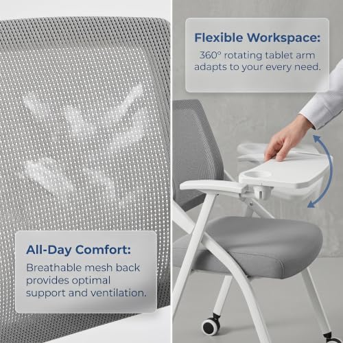 Image of Folding Office Chair Conference Room Chair with Armrest Mesh Back, Stackable Foldable Office Chair for Guest Reception Meeting Classroom Training Seminar (50, Gray- Wheel+Writing Board)