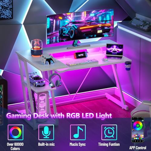 Image of Korfile 47 Inch White Gaming Desk with Power Outlet & LED Lights, Corner Computer Desk with 3 Tiers Storage Shelves, L Shaped Gaming Desk with Monitor Stand for Bedroom