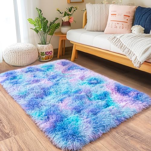 Small Rugs for Bedroom, Fluffy 2x3 Rug Throw Non Slip for Bedside Dorm Kids Room, Plush Comfy Shag Carpet for Home Decor Aesthetic, Rainbow Purple