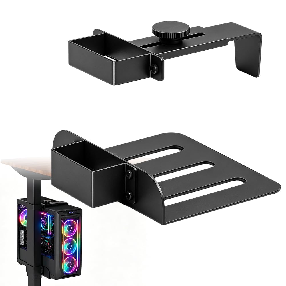 Support PC sous bureau sans perçage, pour bureau réglable en hauteur (pied de table 65 x 45 mm), capacité de charge de 18 kg, réglable en hauteur/largeur, support PC pour tour (noir)