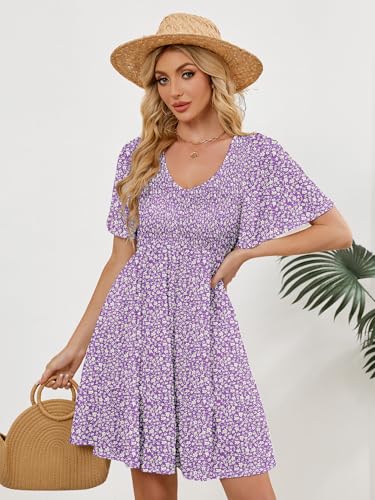 Image of UEAL Womens Cute Floral Smocked V Neck Flutter Sleeve Sundress with Pockets Casual Spring Summer Dresses for Women 2026