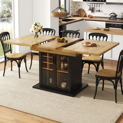 DHWDS Mesa de comedor extensible y plegable con botellero y puerta de cristal, mesa de cocina para 4-6 personas, aparador con espacio de almacenamiento, 110-140 x 80 cm, marrón