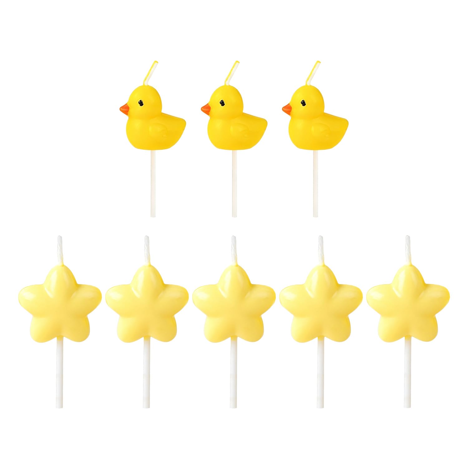 3 Little Yellow Duck Candles and 5 Yellow Star Candles, Cute Shape, Birthday Cake Decoration, Party Atmosphere Supplies.