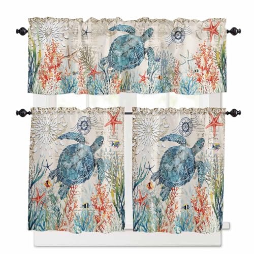 Coastal Sea Turtle Kitchen Curtains 24 Inch Length,3 Piece Rod Pocket Small Half Tiers and Valance Set,Ocean Nautical Tropical Fish Seaweeds Small Large Window Treatment Decor for Bedroom/Bathroom