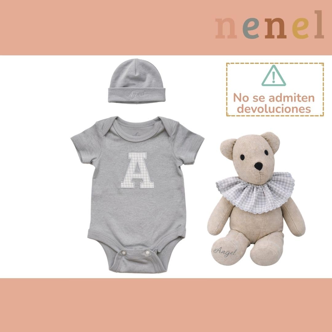 Nenel Conjunto Bebé 3 piezas personalizado – Body, gorro y oso para neonatos con nombre e inicial – Set nacimiento 3 piezas body, gorrito y peluche – Regalo recién nacidos - Manga corta