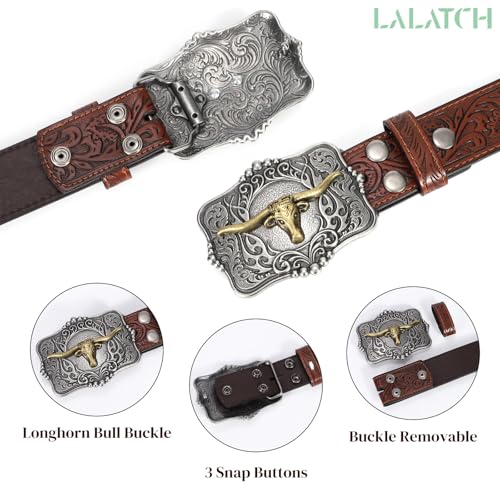 Image of Cowboy Cowgirl Belt Western Belts for Men Women Floral Engraved Longhorn Bull Buckle Belt for Jeans