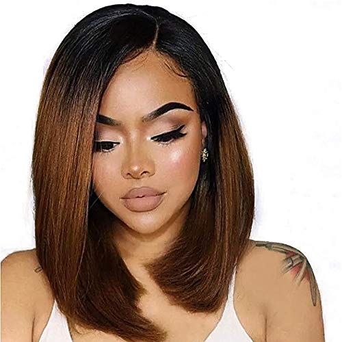 UNice Hair 13x4 Lace Front Human Hair Ombre Brown Bob Wigs, Brazilian Remy Hair Straight Short Bob Wig for Women Pre Plucked with Baby Hair 150% Density (12 inch, T1B/4 Color)
