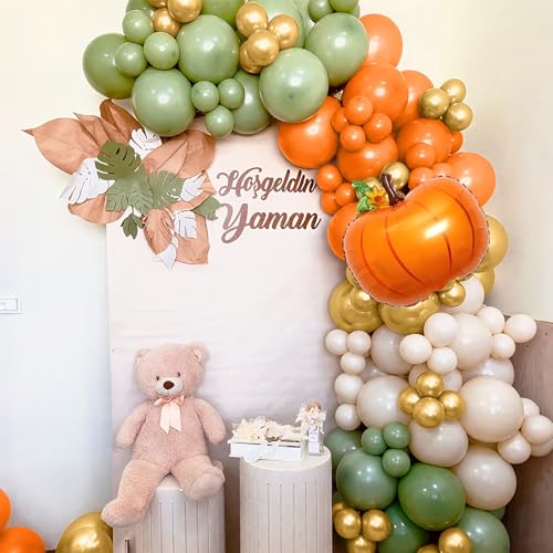 Image of Fall Balloons Garland Arch Kit, Burnt Orange Pumpkin Foil Balloons, Orange Green Sand White Gold Balloon for Little Pumpkin Baby Shower First Birthday Thanksgiving Fall Autumn Harvest Party Decoration