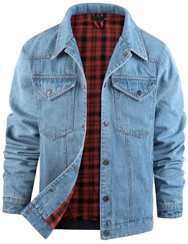 Men's Flannel Lined Denim Jackets Cowboy Cut Western Vintage Rugged Jean Trucker Jacket with Pockets