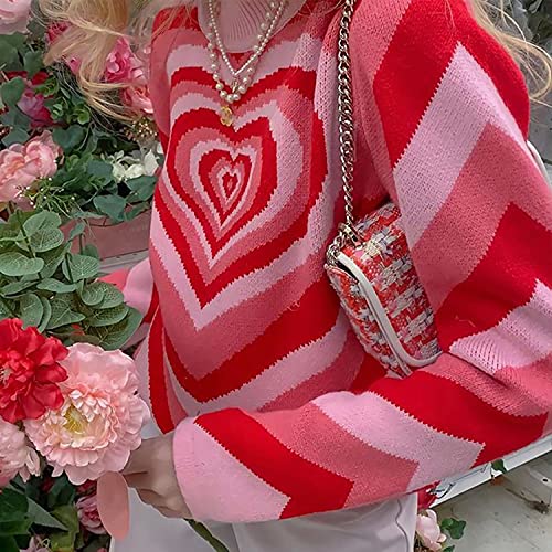 Angashion Women's Pullover Sweaters Casual Heart Printed Mock Neck Long Sleeve Color Block Knit Y2K Sweater Tops Red Medium - Image 4