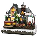 Valery Madelyn Christmas Village House Decorations, Battery Operated Train Station with Music, LED Lights and Moving Train, for Christmas Home Gift Decor, Vintage Christmas Hometown, 11.6 Inch