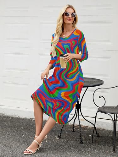 Image of Heymoments Women's Casual 3 /4 Sleeve Midi Dress Crewneck A Line Tiered Flowy Loose Travel Long Dresses with Pockets