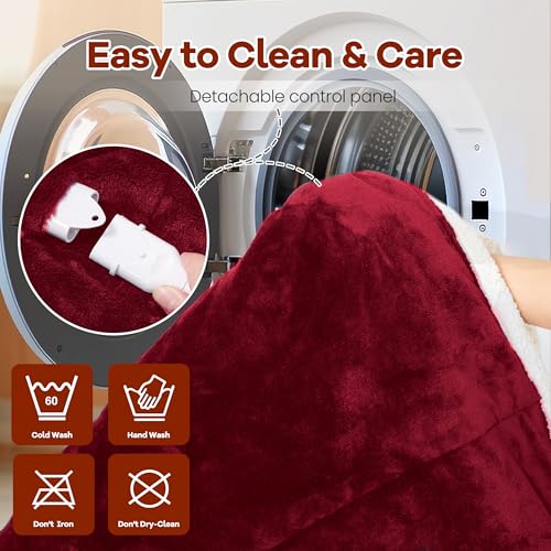 Heated Blanket Wearable Electric Blanket with Foot Pocket and Sleeves, Heating Throw Blanket, Electric Snuggle Blankets, 6 Heating Levels Setting & 4 Hours Auto Shut Off, Machine Washable (Long, Wine)