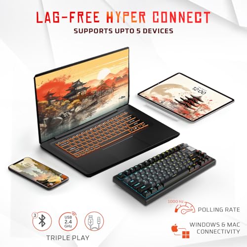 Image of EvoFox Ronin Mechanical Keyboards Wireless (BT+2.4GHz+Wired), 9 Layer Structure, Gasket Mount, 75% Layout, 2 Layer Sound Dampening Red Switches, Per-Key RGB, 1000Hz, Windows Software -Black