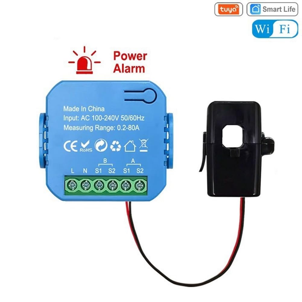 Medidor de Energía Inteligente Tuya WIFI Bidireccional con Pinza de Transformador, Monitor de Potencia de 80 A, Compatible con Alarma, 1 Canal, 1 CT