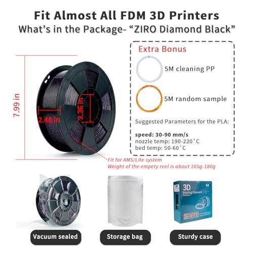 Image of ZIRO Glitter PLA Filament 1.75mm, 3D Printer Filament Shiny Sparkle PLA with Glitter, Pure Color Diamond Series 1KG /2.2lbs Spool, Fit Most FDM 3D Printers, Dimaond Black