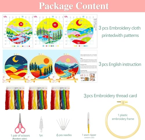 Image of Zhenqing Sun Moon Landscape Stamped Cross Stitch Kit, 3 Pack 11CT Printed Mountain Scenery Patterns with Hoops and Tools, DIY Embroidery Set for Adults and Beginners