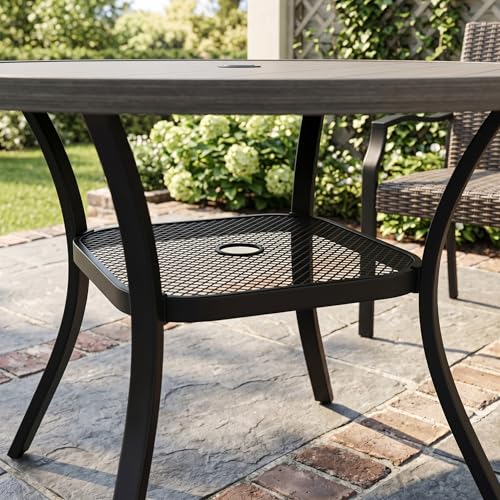 Image of VICLLAX Metal Outdoor Dining Table for 4, All Weather 40.7 inch Black Round Patio Table with Adjustable Umbrella Hole for Lawn, Garden, Balcony and Poolsides, Grey Wood Grain Tabletop