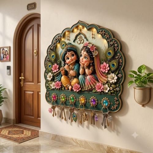 Image of Wooden Radha Krishna Printed Key Holder