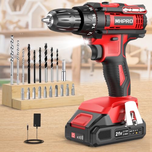 MHPRO Taladro Percutor a Bateria 21V, Taladro Atornillador Bateria, 42N.m Destornillador Electrico con Batería 2.0Ah, 18+1 Ajuste de Par, 20 Accesorios, 2 Velocidad, LED Luz Para Hogar, Bricolaje