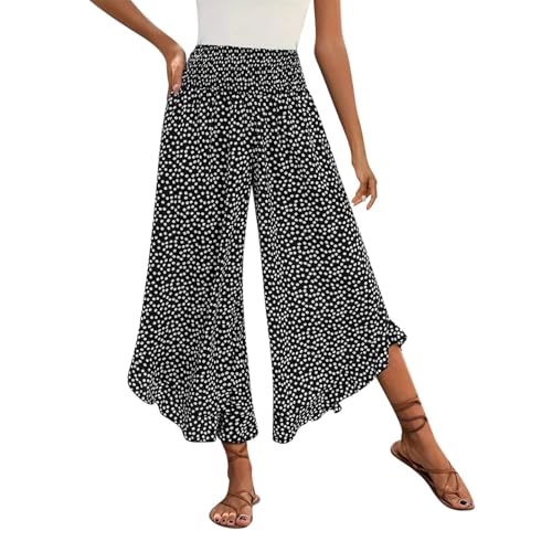 Palazzo Pants for Women Summer Casual Polka Dot Wide Leg Trousers Smocked Waist Ruffle Hem Boho Flowy Beach Pant