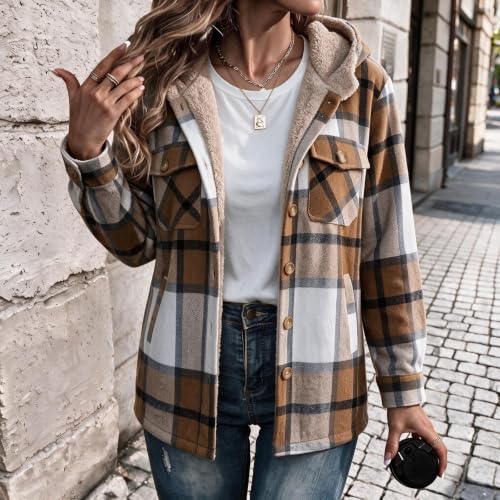 fartey Plaid Fleece Jacket Women Hooded Flannel Button Shacket with Pockets - image 3