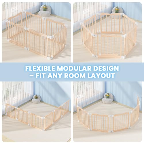 Image of Foldable Wooden Playpen - Adjustable Wood Baby Play Yard with Door, Indoor Large Safety Fence for Babies and Toddlers - Easy Assembly, Natural, 55 x 30 x 24 inches