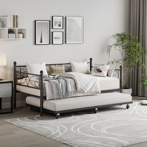 GarveeHome Daybed with Trundle Bed, Twin Size Day Bed with Floral Headboard, Metal Sofa Bed Frame with Pull-Out Trundle, Heavy Duty Steel Slats Supports, for Living Room, Guest Room, Modern Black