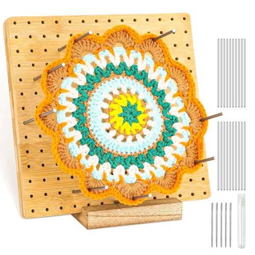 NIXRET Tabla de bloqueo de ganchillo y pines, bloqueo cuadrado de 7.9 pulgadas + base de madera + 20 varillas de acero de 10 cm + 5 agujas afiladas para proyectos de ganchillo y punto
