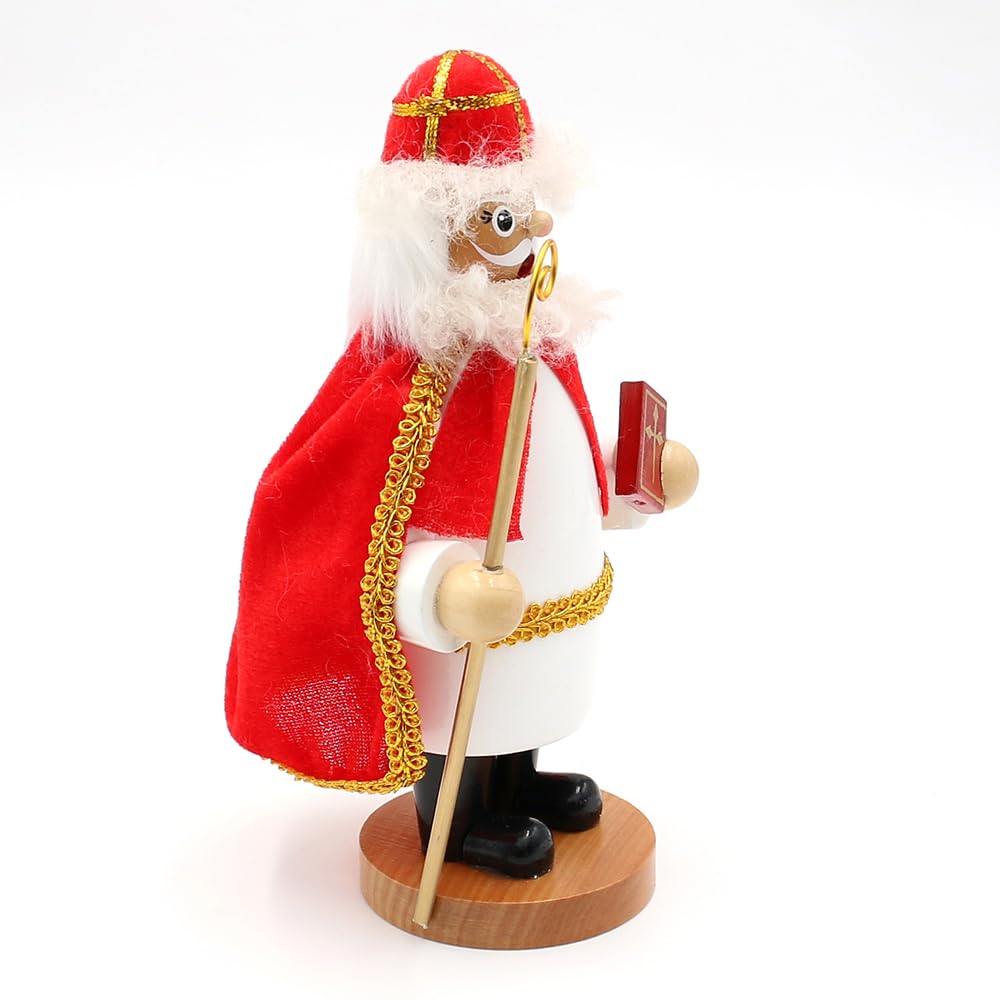 Dekohelden24 Holz Rauchfigur, Räucherfigur, Räuchermännchen, Räuchermann als St. Nikolaus mit Stab und Bibel in der Hand im roten Gewand, L/B/H 11 x 8 x 20 cm.