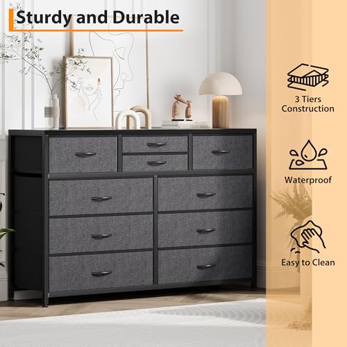 Jojoka Wide 10 Drawer Dresser,TV Stand Entertainment Center Fabric Storage Dressers Drawers for Bedroom, Hallway, Nursery, Closets, Steel Frame, Wood Top, Black_1