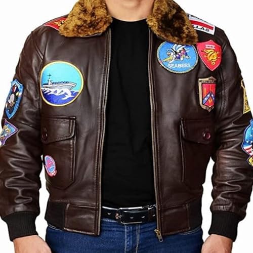 MINHADO TopG Flight Bomber Jacket| Men Leather Aviator Coat with Removable Faux Fur Collar & Fighter Pilot Patches | X-Large (MTG-L-BRN-XL)