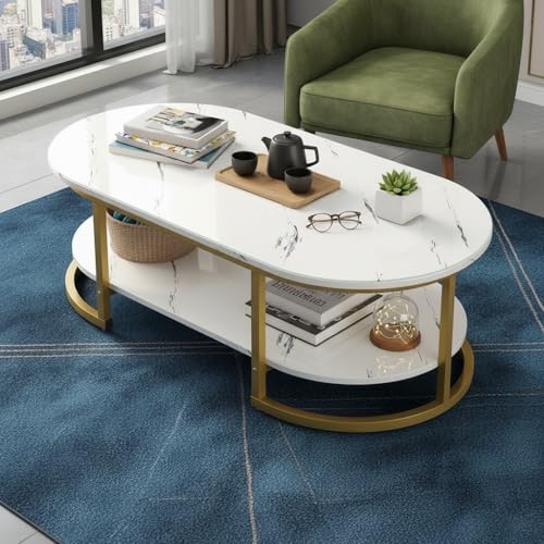 Image of RIZIK Stores Coffee Table - Modern 2-Tier Center Table with Engineered Wooden Top & Metal Frame, Living Room Sofa Table, Elegant Cocktail Table for Home, Office, Dining (White)