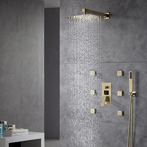 Sistema de ducha de pared Cascada Digital 12” con manija única y pantalla LCD, 3 funciones (Lluvia, jets corporales y ducha de mano) (Acabado dorado cepillado) miniatura 2