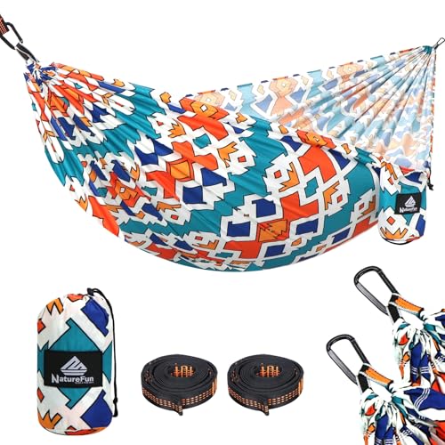 NATUREFUN Amaca da Campeggio per Viaggi Ultraleggeri | capacità di carico 300 kg, (275x140 cm) Asciugatura Rapida Antirughe | 2x Moschettoni Premium, 2x Imbragature in Nylon Incluse | Interno Esterno