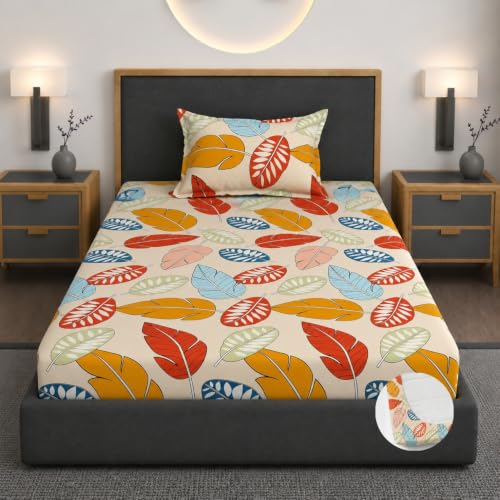Image of Vaini Premium Heavy Cotton Elastic Fitted Bedsheets with 1 King Size Pillow Covers || Single Bed with All Around Elastic 350 TC || 36 x 78 x 6 Inch Single Size Fitted || :- Colorfull Cordate
