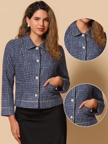 Allegra K Tweed Blazer for Women's Plaid Long Sleeve Vintage Outwear Work Office Short Jacket Coat2
