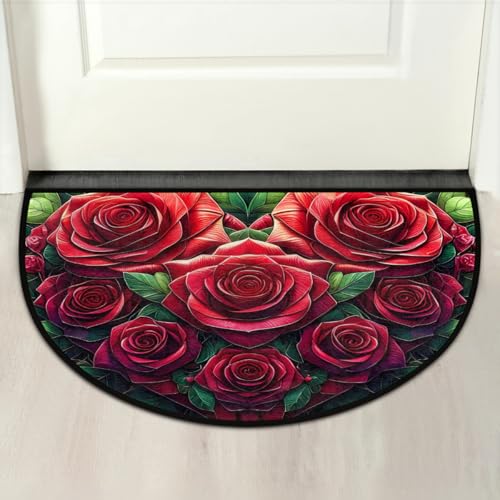 Image of cfpolar Half Round Door Mat Flower Red Rose Non-Slip Semi Circle Area Rug Washable Half Moon Hearth Rugs for Indoor Outdoor Bathroom Kitchen Patio Runner Mat Laundry Room Home Decoration