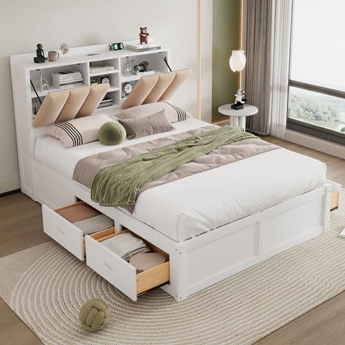 Merax Full Solid Wood Platform Bed Frame with 4 Storage Drawers, Upholstery Storage Headboard and Charging Station,Full Size Bed Frames with Wooden Slats Support, No Box Spring Needed (White)