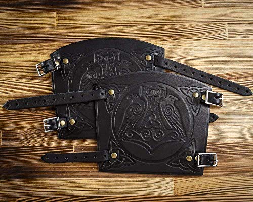 Leather Bracers Cuff - Larp Gauntlet - Leather Wristbands - LARP Accessories Viking Mjolnir bracelet- Thor`s Hammer Ravens - Archery Armguard - Length 6"